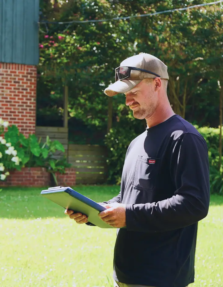 Olympic Mountain Landscaping team member writing up a free lawn care estimate on a clipboard in a North Alabama backyard
