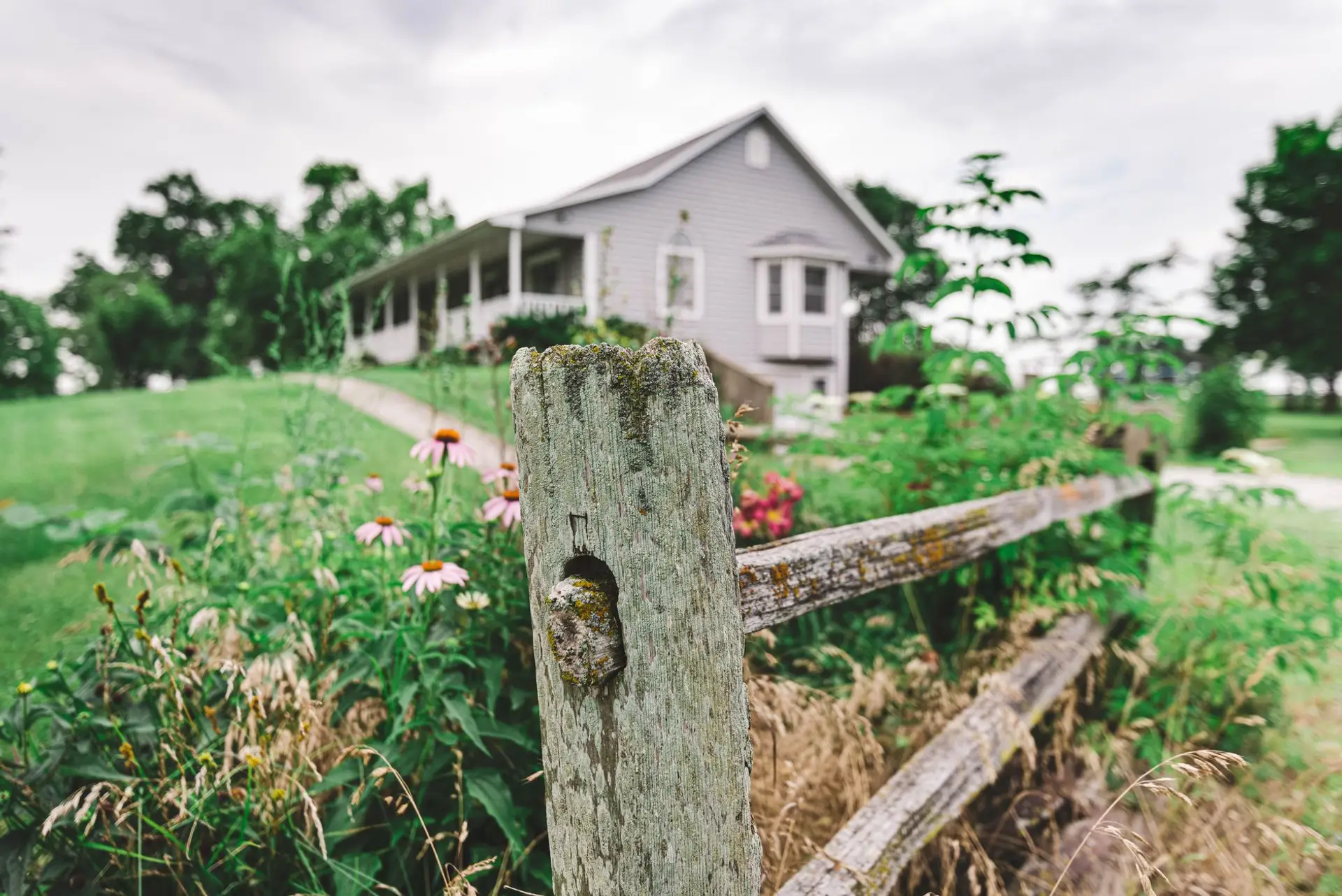 A spacious, well-maintained residential lawn on a larger country property in New Hope, Alabama, with landscaped flower beds and open rural surroundings in southeast Madison County