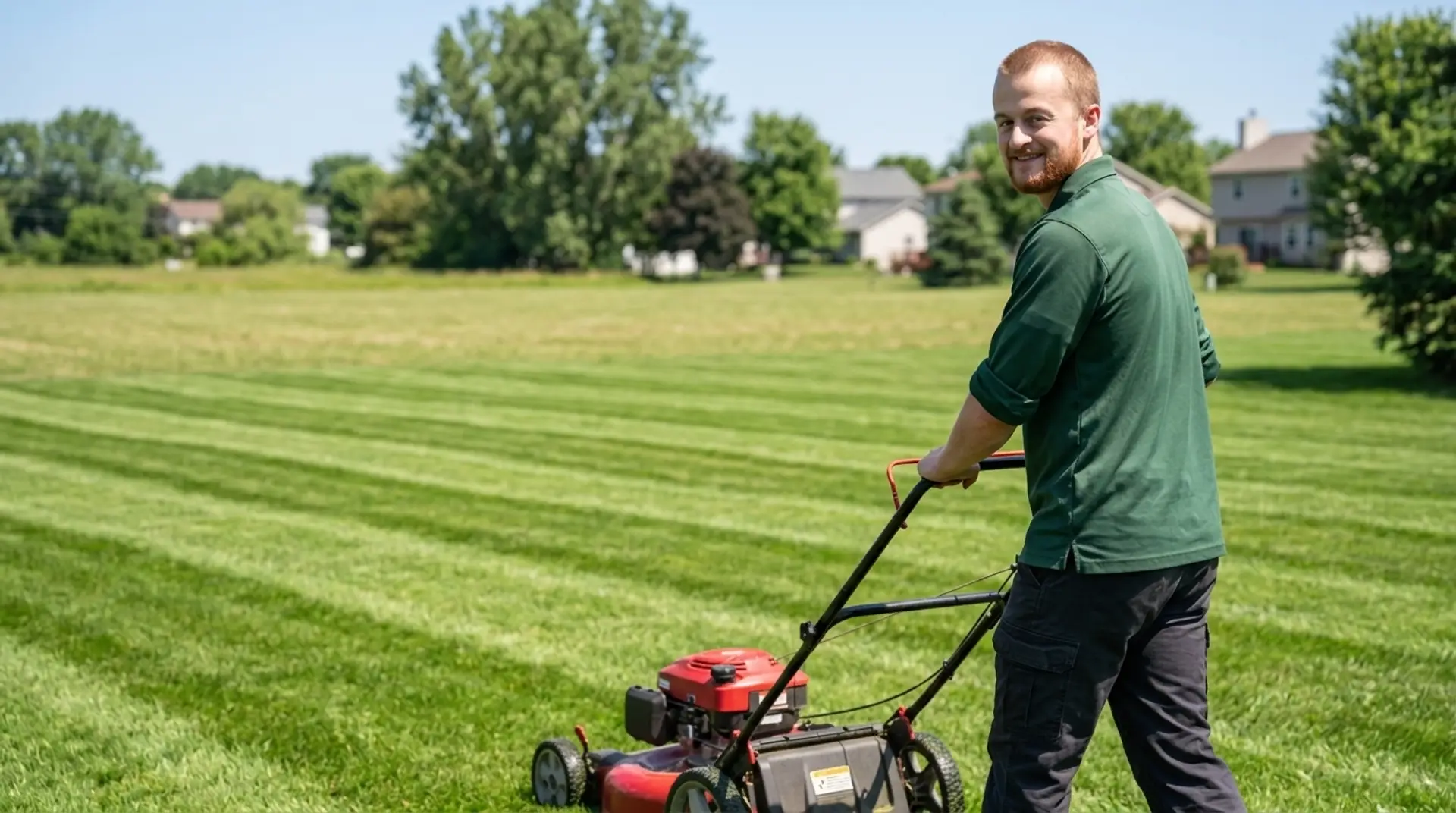 Professional landscaper mowing a healthy green lawn